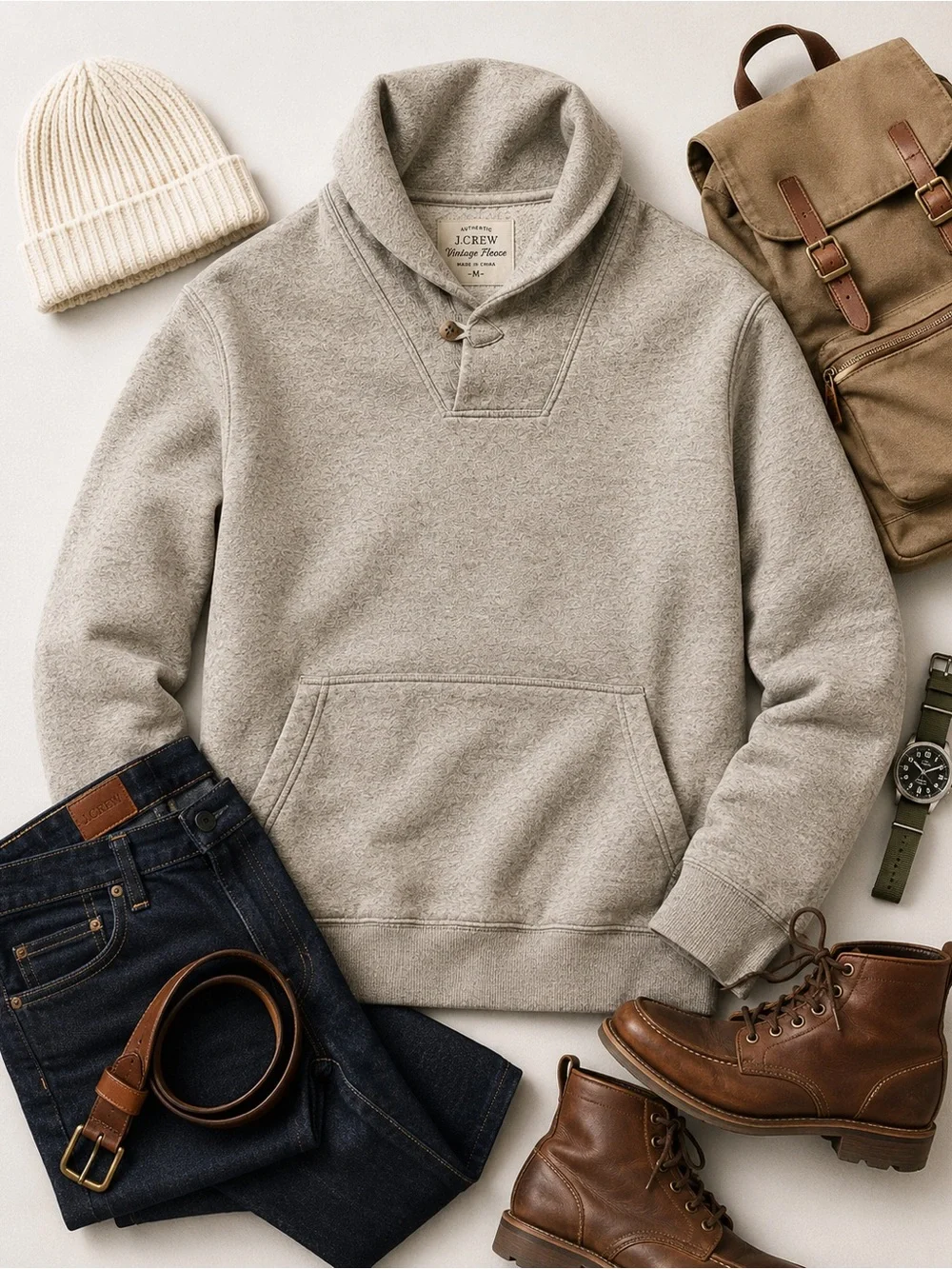 J.Crew Vintage Fleece Shawl Collar Hoodie Sweatshirt M Beige 100% Cotton Unisex